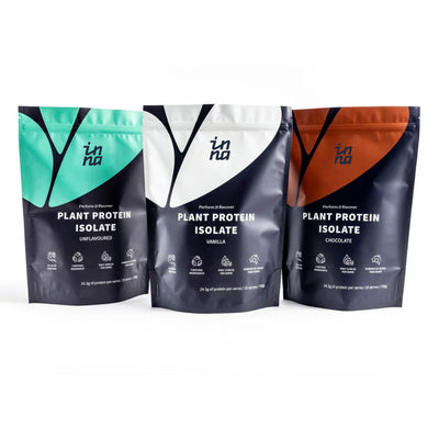 Three packages of Inna Protein plant protein isolate in different flavours on a white background.