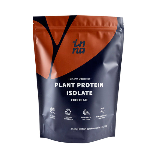 A sealed pouch of Inna Protein premium plant protein powder in chocolate flavour.